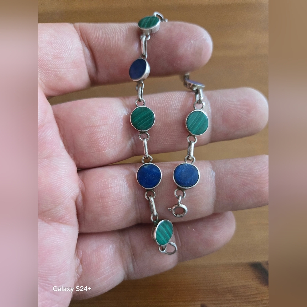 Elegant Sterling Silver 925 Bracelet with Green and Blue Stones 7.5"